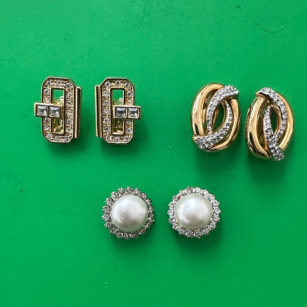 Vintage Gold and Silver Crystal Pearl Earrings Sets lot of 3